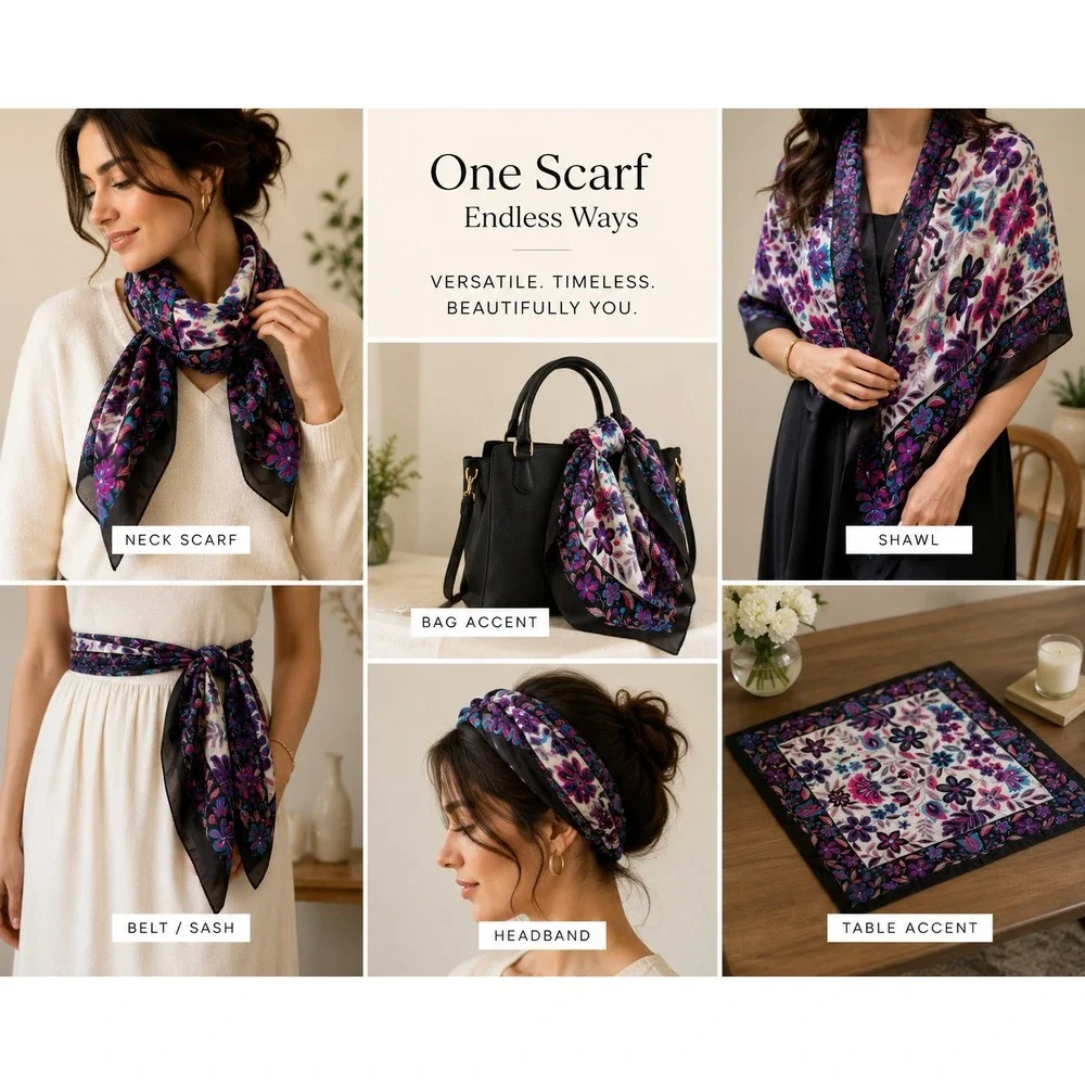 Floral Square Scarf Purple Pink Teal Rayon Boho Headwrap Neck Scarf 33x33
